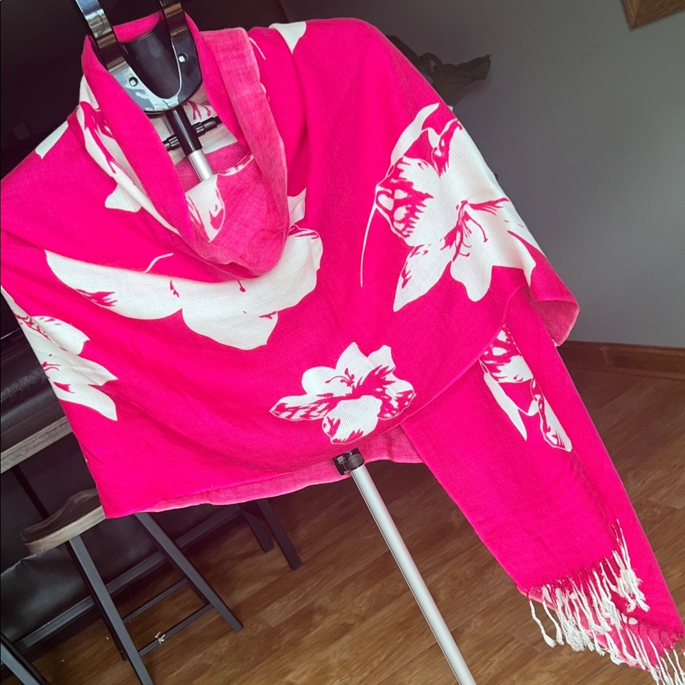 Pink Floral Shawl with Fringe